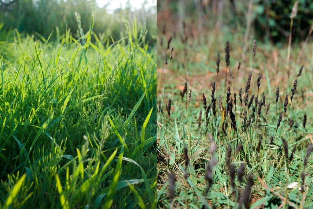 a healthy pasture grass vs parramatta grass highlighting the sooty dark seed head