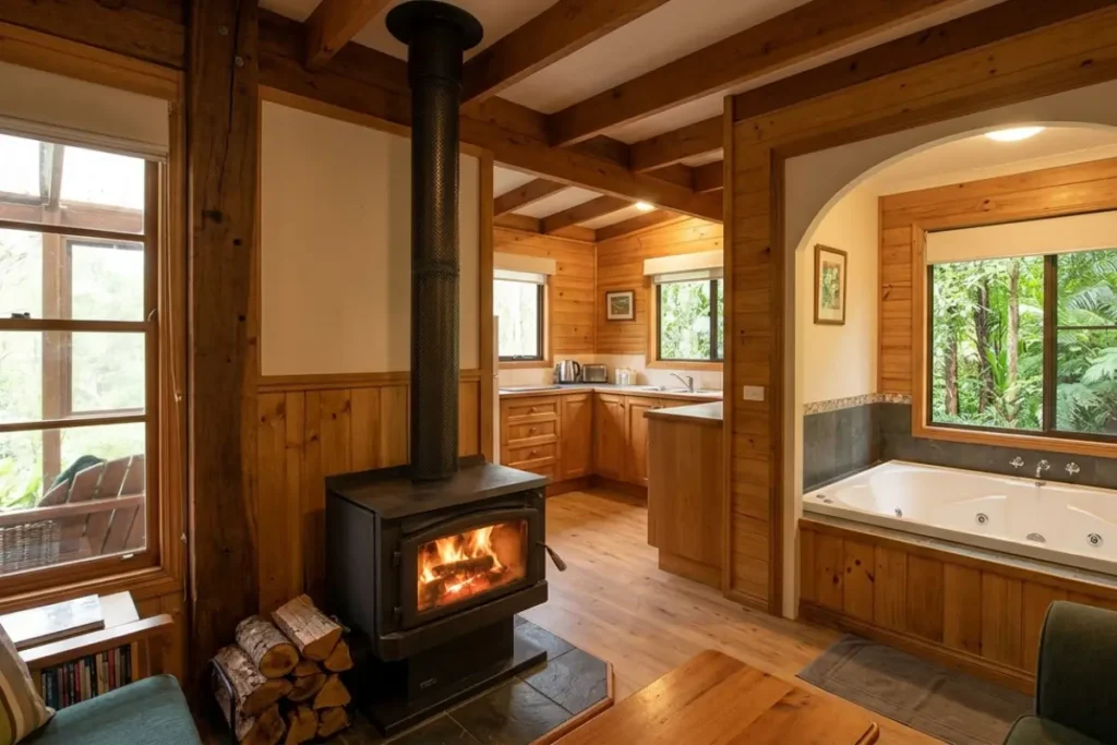 Maleny cottage accommodation interior fireplace spa