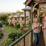 A couple enjoying coffee and chatting on a wooden balcony at a scenic ridge resort, overlooking lush green hills and the distant coastline under a clear sky.