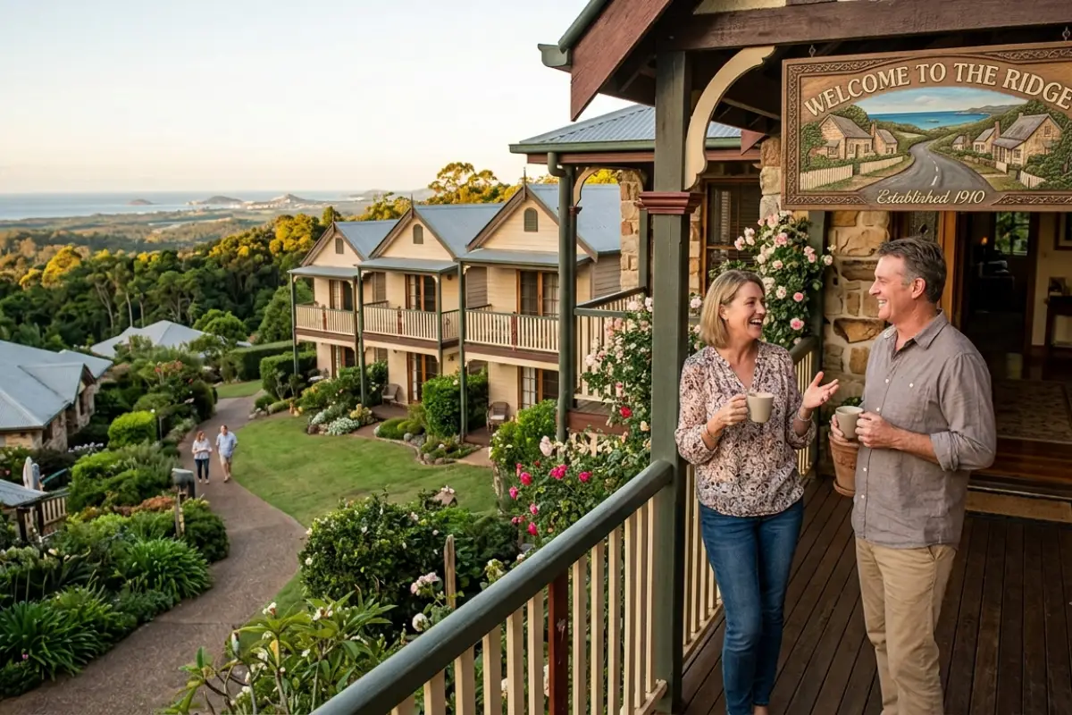 A couple enjoying coffee and chatting on a wooden balcony at a scenic ridge resort, overlooking lush green hills and the distant coastline under a clear sky.